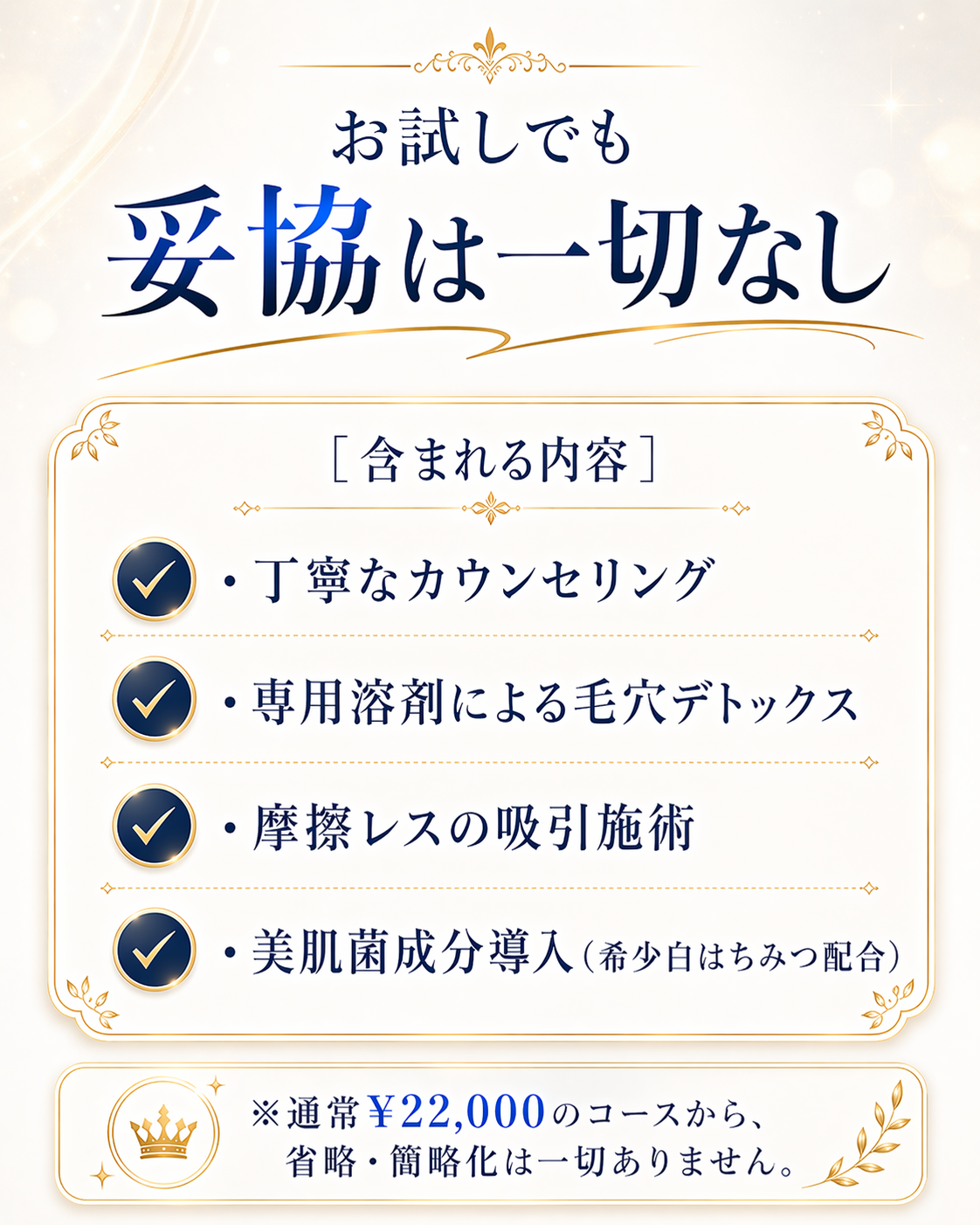 お試しでも妥協は一切なし。［含まれる内容］丁寧なカウンセリング／専用溶剤による毛穴デトックス／摩擦レスの吸引施術／美肌菌成分導入（希少白はちみつ配合）。※通常¥22,000のコースから、省略・簡略化は一切ありません。