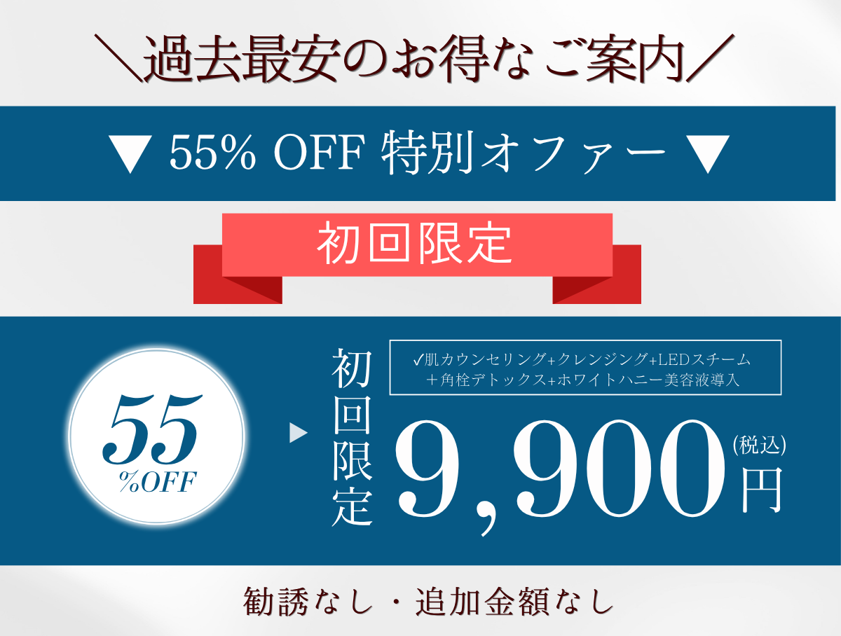 過去最安のお得なご案内 ▼ 55% OFF 特別オファー ▼ 初回限定 9,900円（税込）無針水光注入液+クレンジング+LEDスチーム + 角栓デトックス+ホワイトハニー美容液導入 勧誘なし・追加金額なし